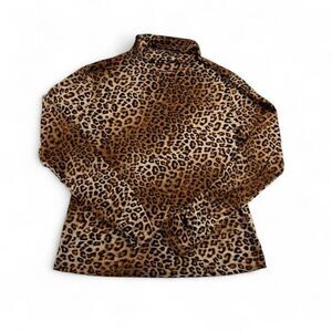 Worthington Leopard Print Sheer Top Women’s Medium High Neck Long Sleeve Blouse